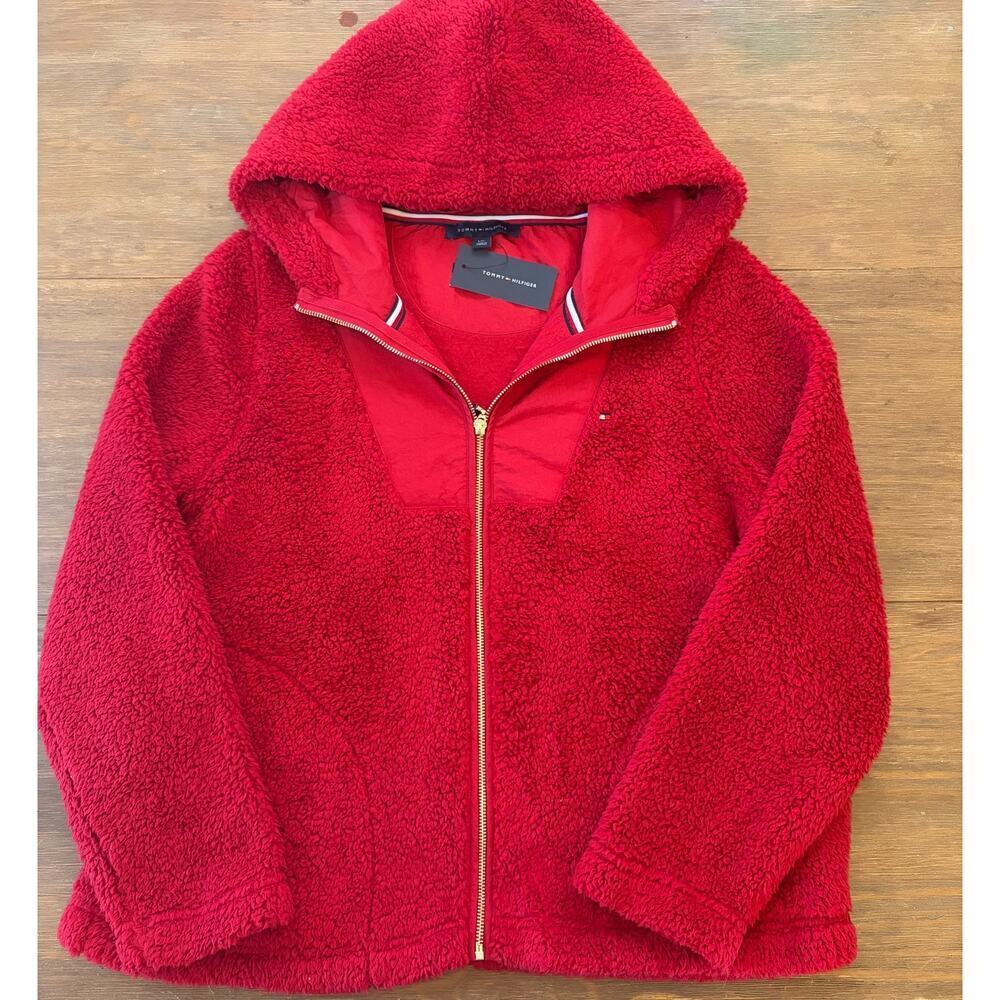 Tommy Hilfiger Sherpa Fleece Jacket Womens Large Red Hooded Full Zip NWT